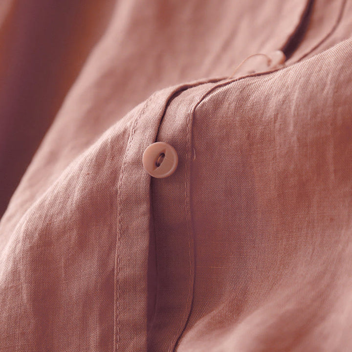 Camicia da donna a maniche corte in cotone con ricamo artistico a tinta unita e bottoni frontali, con motivo Buddha Stones. - image 4