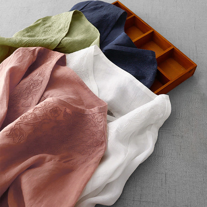 Camicia da donna a maniche corte in cotone con ricamo artistico a tinta unita e bottoni frontali, con motivo Buddha Stones. - image 30