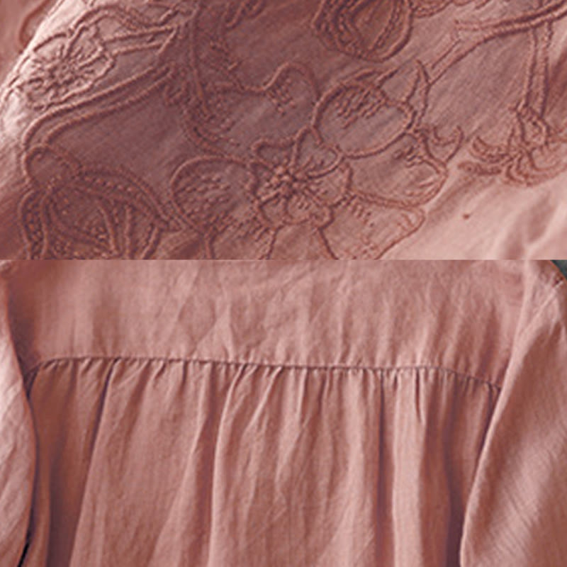 Camicia da donna a maniche corte in cotone con ricamo artistico a tinta unita e bottoni frontali, con motivo Buddha Stones. - image 9