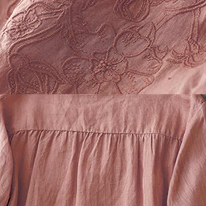 Camicia da donna a maniche corte in cotone con ricamo artistico a tinta unita e bottoni frontali, con motivo Buddha Stones. - image 9