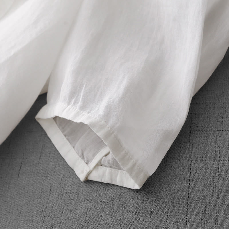 Camicia da donna a maniche corte in cotone con ricamo artistico a tinta unita e bottoni frontali, con motivo Buddha Stones. - image 14