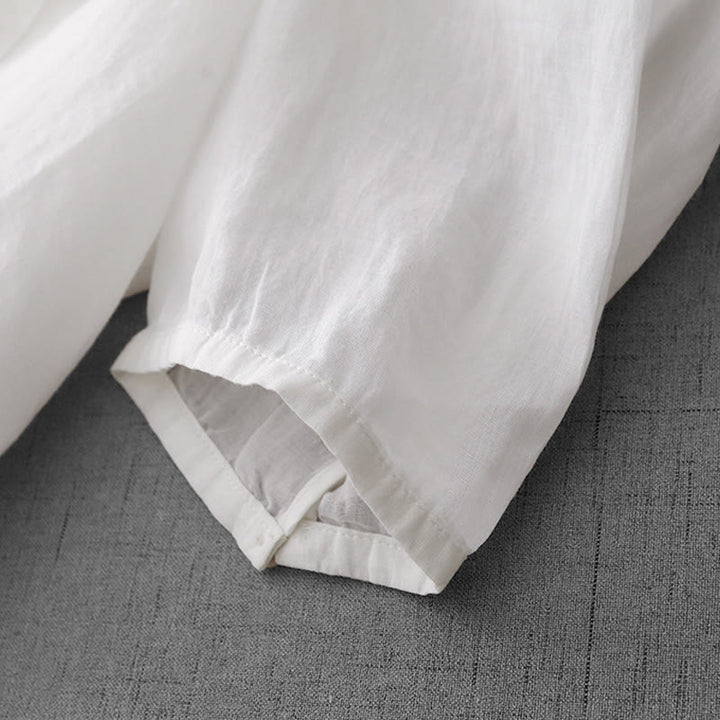 Camicia da donna a maniche corte in cotone con ricamo artistico a tinta unita e bottoni frontali, con motivo Buddha Stones. - image 14