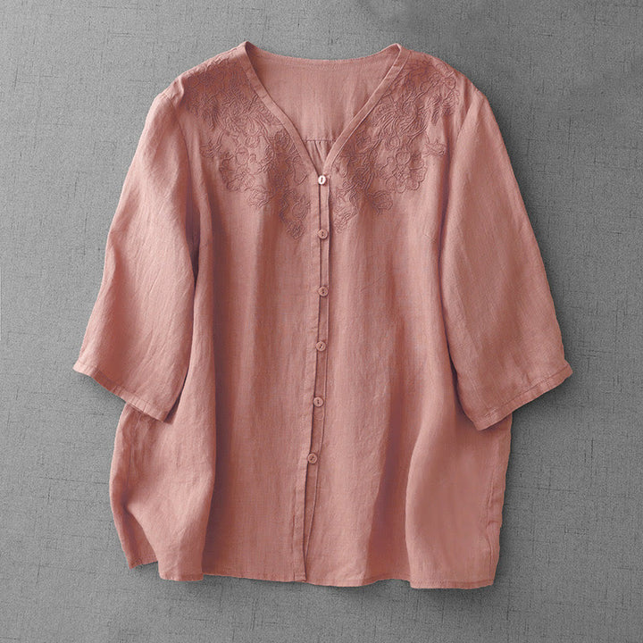 Cardigan da donna in cotone a mezza manica con bottoni frontali ricamati in colori puri Buddha Stones - Corallo chiaro - US12, UK/AU16, EU44 (2XL) - image 0