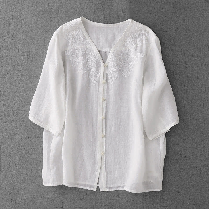 Camicia da donna a maniche corte in cotone con ricamo artistico a tinta unita e bottoni frontali, con motivo Buddha Stones. - Bianco - US12, UK/AU16, EU44 (2XL) - image 11