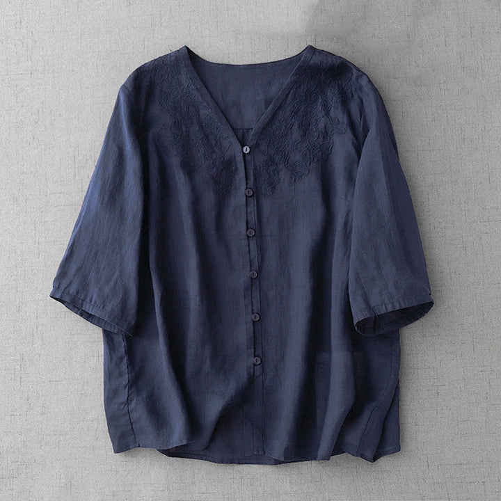 Camicia da donna a maniche corte in cotone con ricamo artistico a tinta unita e bottoni frontali, con motivo Buddha Stones. - Blu notte - US12, UK/AU16, EU44 (2XL) - image 22