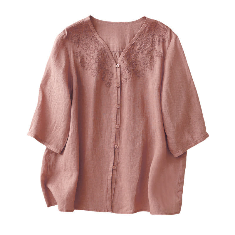 Camicia da donna a maniche corte in cotone con ricamo artistico a tinta unita e bottoni frontali, con motivo Buddha Stones. - image 10