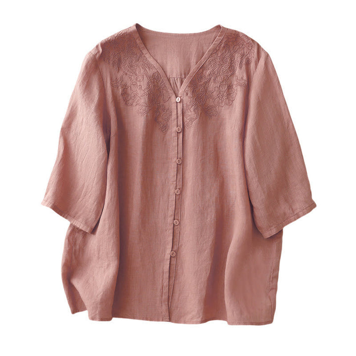 Camicia da donna a maniche corte in cotone con ricamo artistico a tinta unita e bottoni frontali, con motivo Buddha Stones. - image 10