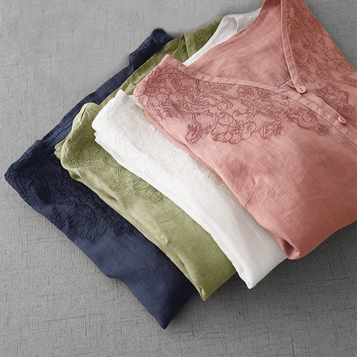 Camicia da donna a maniche corte in cotone con ricamo artistico a tinta unita e bottoni frontali, con motivo Buddha Stones. - image 31