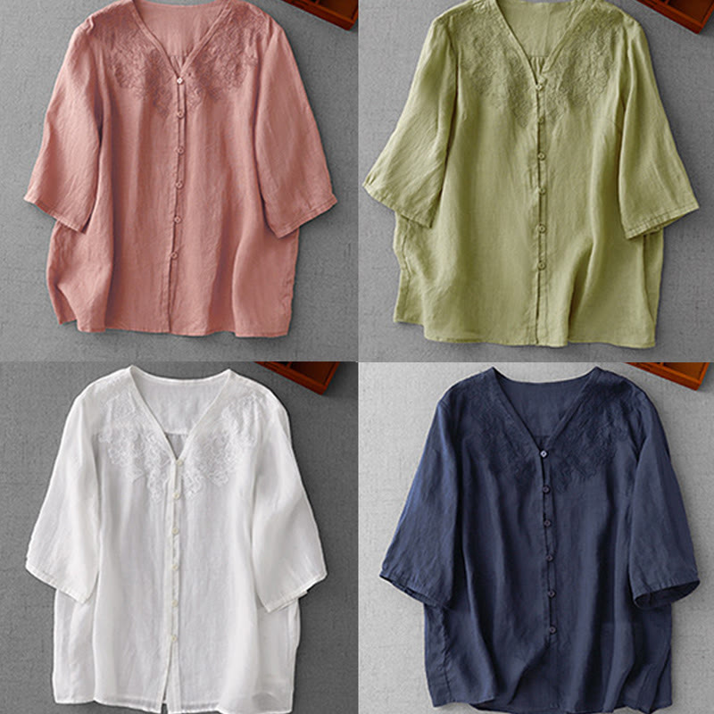 Camicia da donna a maniche corte in cotone con ricamo artistico a tinta unita e bottoni frontali, con motivo Buddha Stones. - image 28