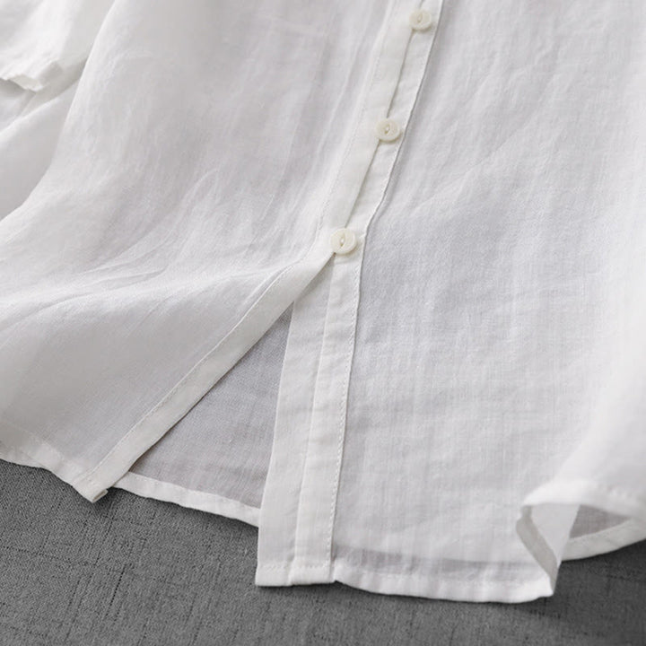 Camicia da donna a maniche corte in cotone con ricamo artistico a tinta unita e bottoni frontali, con motivo Buddha Stones. - image 13