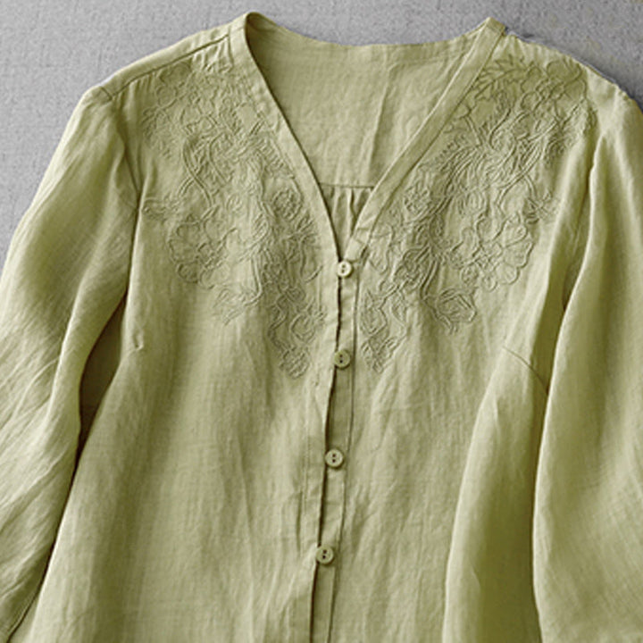 Camicia da donna a maniche corte in cotone con ricamo artistico a tinta unita e bottoni frontali, con motivo Buddha Stones. - image 17