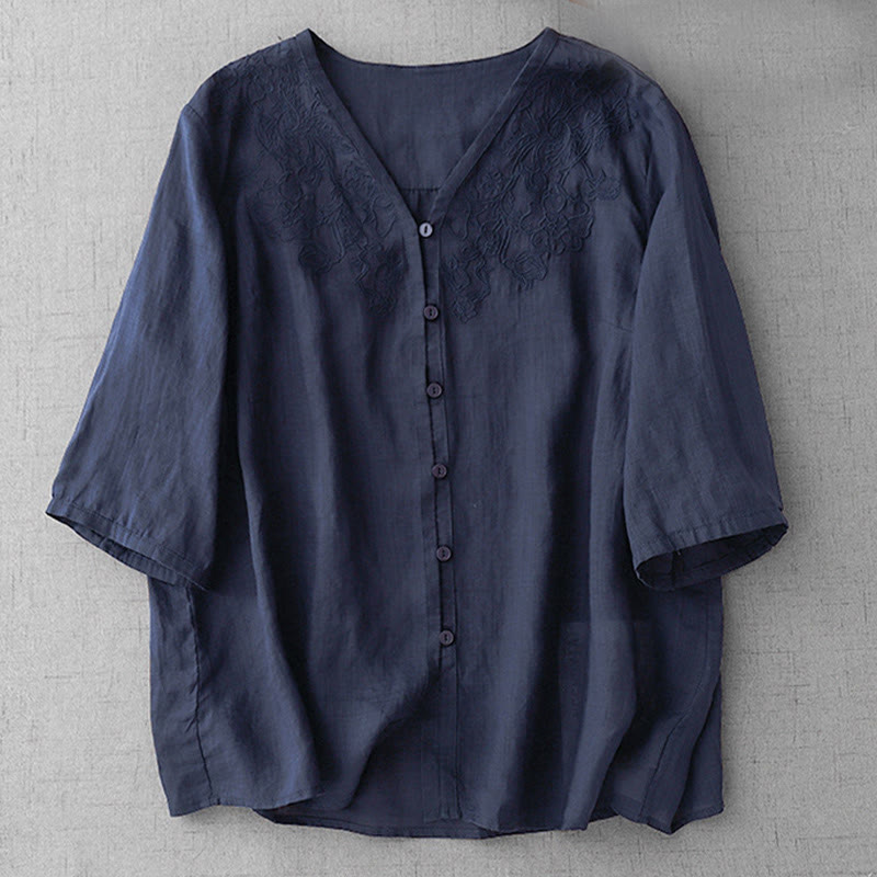 Camicia da donna a maniche corte in cotone con ricamo artistico a tinta unita e bottoni frontali, con motivo Buddha Stones. - image 26