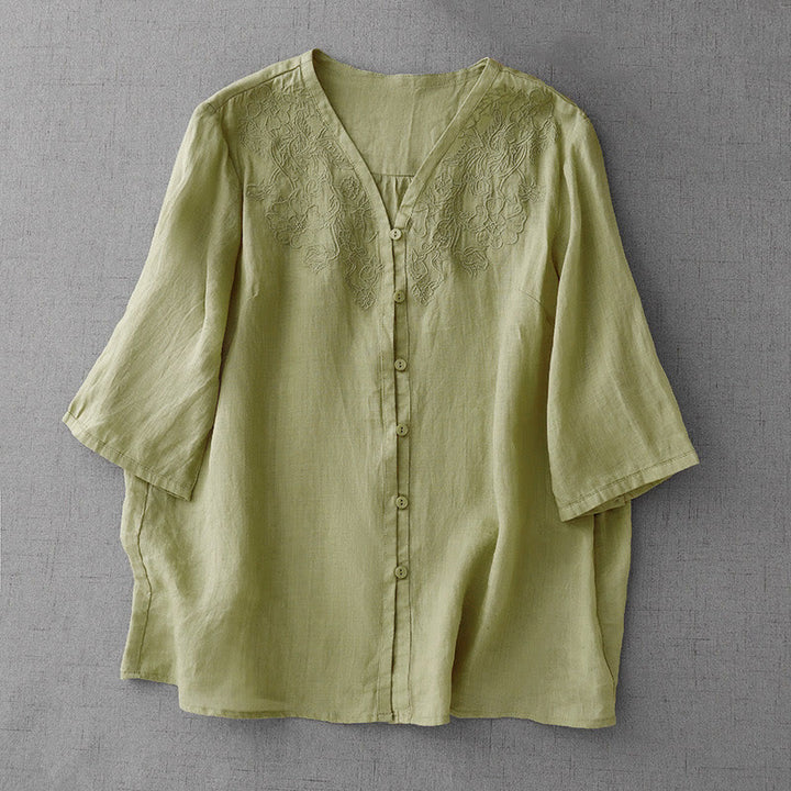 Camicia da donna a maniche corte in cotone con ricamo artistico a tinta unita e bottoni frontali, con motivo Buddha Stones. - Verde chiaro - US12, UK/AU16, EU44 (2XL) - image 16