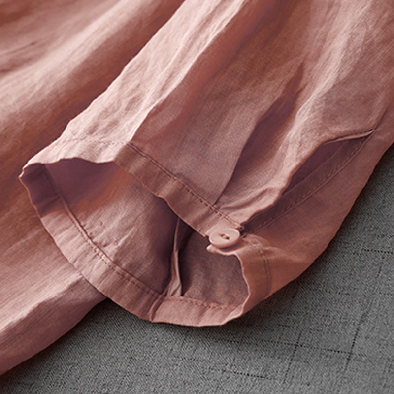 Camicia da donna a maniche corte in cotone con ricamo artistico a tinta unita e bottoni frontali, con motivo Buddha Stones. - image 5