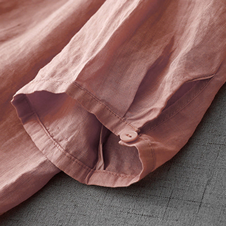 Camicia da donna a maniche corte in cotone con ricamo artistico a tinta unita e bottoni frontali, con motivo Buddha Stones. - image 5