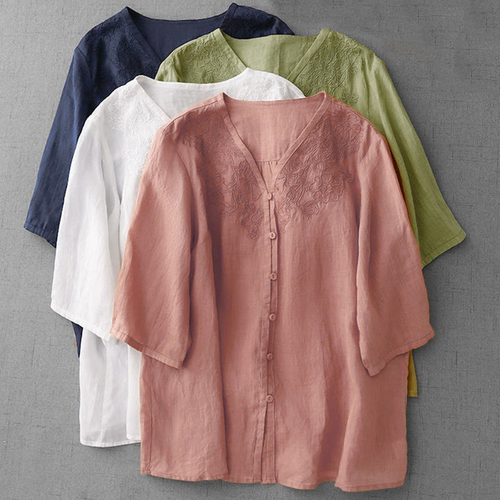 Cardigan da donna in cotone a mezza manica con bottoni frontali ricamati in colori puri Buddha Stones - image 29