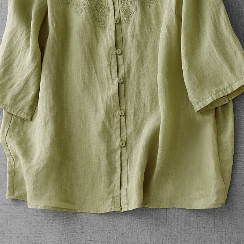 Camicia da donna a maniche corte in cotone con ricamo artistico a tinta unita e bottoni frontali, con motivo Buddha Stones. - image 18