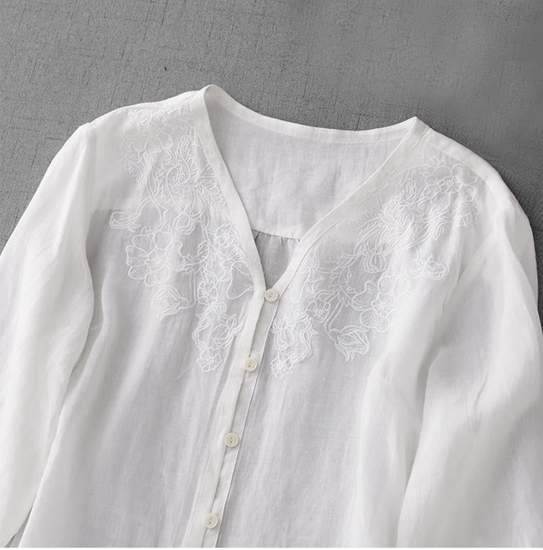 Camicia da donna a maniche corte in cotone con ricamo artistico a tinta unita e bottoni frontali, con motivo Buddha Stones. - image 12