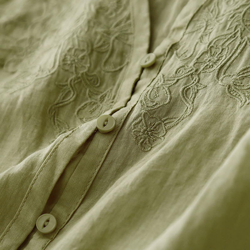 Camicia da donna a maniche corte in cotone con ricamo artistico a tinta unita e bottoni frontali, con motivo Buddha Stones. - image 19