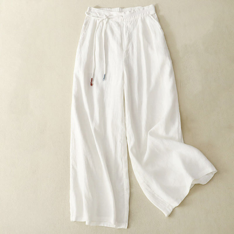 Pantaloni larghi da donna in cotone e lino, con tasche, modello Buddha Stones, casual, primavera, tinta unita, con coulisse, lunghezza 7-8