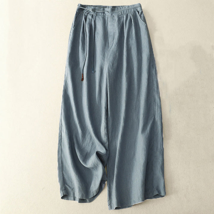 Pantaloni larghi da donna in cotone e lino, con tasche, modello Buddha Stones, casual, primavera, tinta unita, con coulisse, lunghezza 7-8