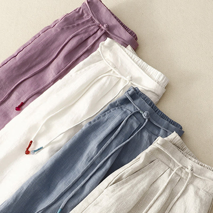 Pantaloni larghi da donna in cotone e lino, con tasche, modello Buddha Stones, casual, primavera, tinta unita, con coulisse, lunghezza 7-8