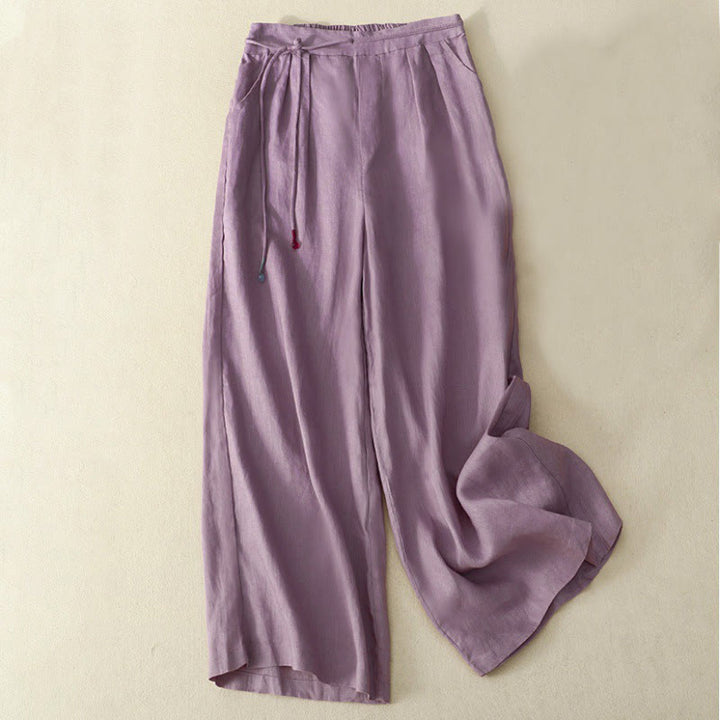 Pantaloni larghi da donna in cotone e lino, con tasche, modello Buddha Stones, casual, primavera, tinta unita, con coulisse, lunghezza 7-8