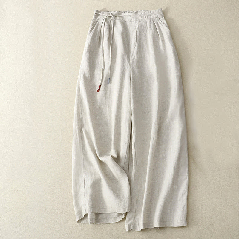 Pantaloni larghi da donna in cotone e lino, con tasche, modello Buddha Stones, casual, primavera, tinta unita, con coulisse, lunghezza 7-8