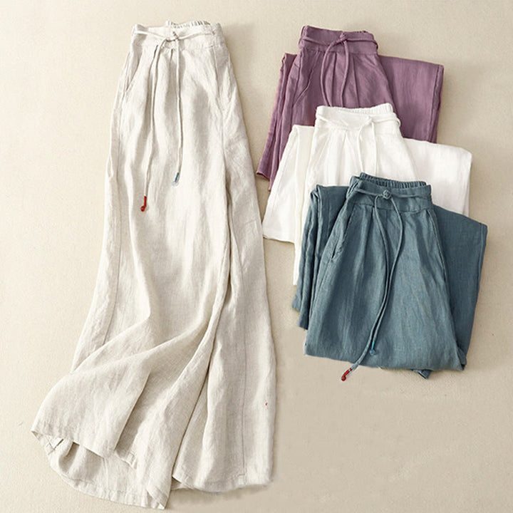Pantaloni larghi da donna in cotone e lino, con tasche, modello Buddha Stones, casual, primavera, tinta unita, con coulisse, lunghezza 7-8