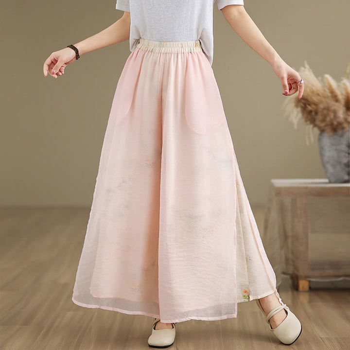 Pantaloni da donna in cotone a gamba larga con tasche, stampa vintage primaverile con motivo a piante, design a doppio strato, Buddha Stones - Rosa - US8-10, UK/AU12-14, EU40-42 (2XL) - image 10