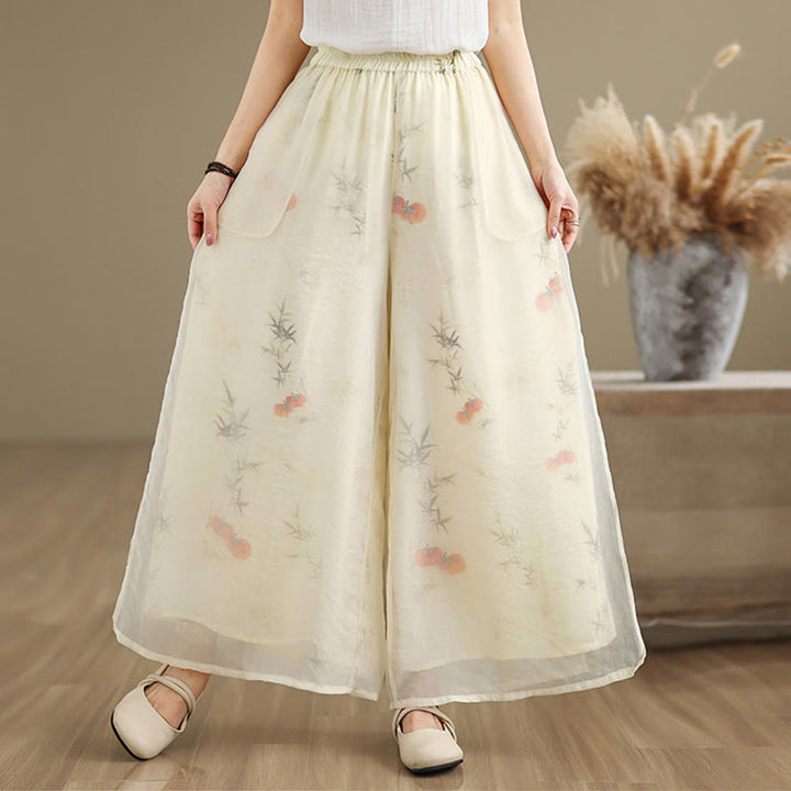 Pantaloni da donna in cotone a gamba larga con tasche, stampa vintage primaverile con motivo a piante, design a doppio strato, Buddha Stones - image 20