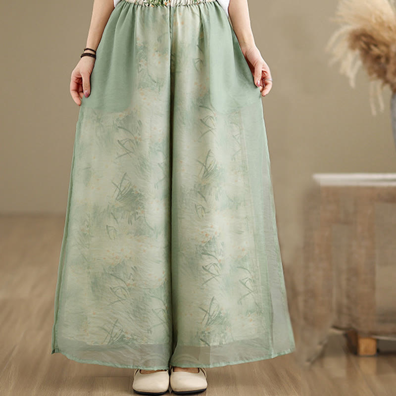 Pantaloni da donna in cotone a gamba larga con tasche, stampa vintage primaverile con motivo a piante, design a doppio strato, Buddha Stones - image 2