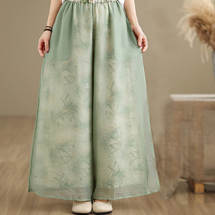 Pantaloni da donna in cotone a gamba larga con tasche, stampa vintage primaverile con motivo a piante, design a doppio strato, Buddha Stones - image 2