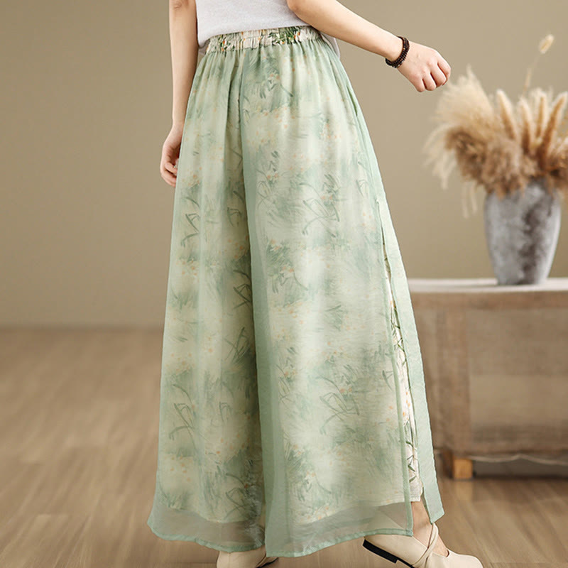 Pantaloni da donna in cotone a gamba larga con tasche, stampa vintage primaverile con motivo a piante, design a doppio strato, Buddha Stones - image 5