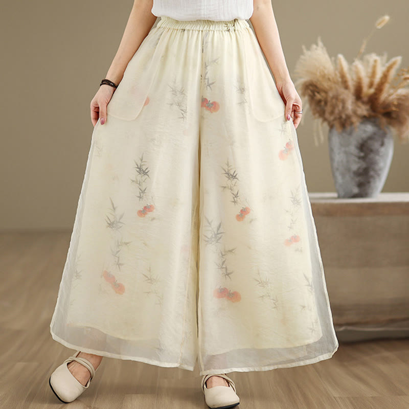 Pantaloni da donna in cotone a gamba larga con tasche, stampa vintage primaverile con motivo a piante, design a doppio strato, Buddha Stones - Giallo chiaro - US8-10, UK/AU12-14, EU40-42 (2XL) - image 19