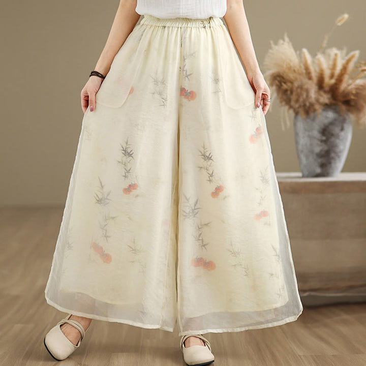 Pantaloni da donna in cotone a gamba larga con tasche, stampa vintage primaverile con motivo a piante, design a doppio strato, Buddha Stones - Giallo chiaro - US8-10, UK/AU12-14, EU40-42 (2XL) - image 19