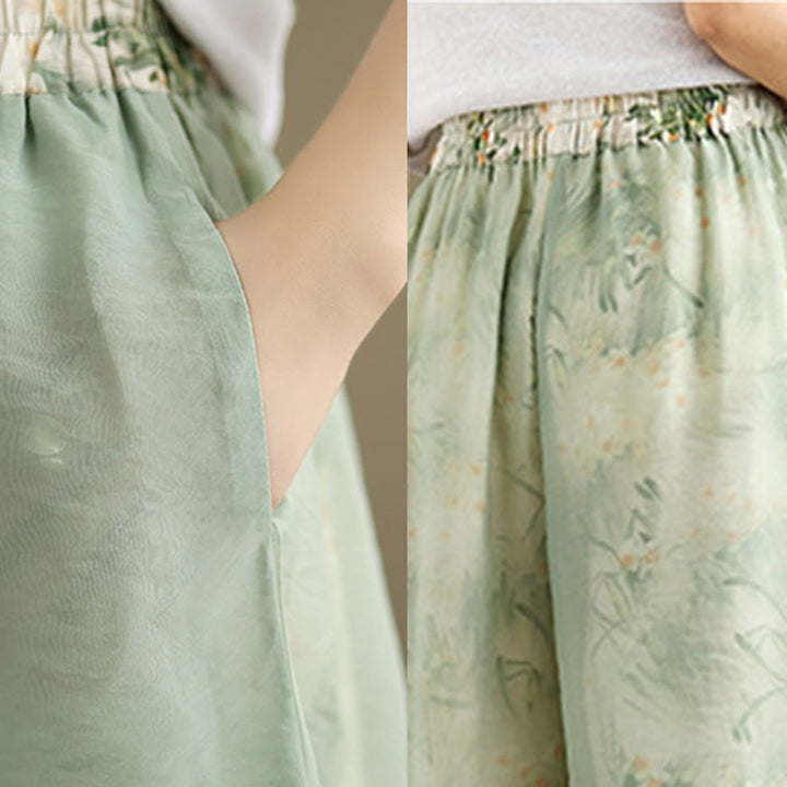 Pantaloni da donna in cotone a gamba larga con tasche, stampa vintage primaverile con motivo a piante, design a doppio strato, Buddha Stones - image 8