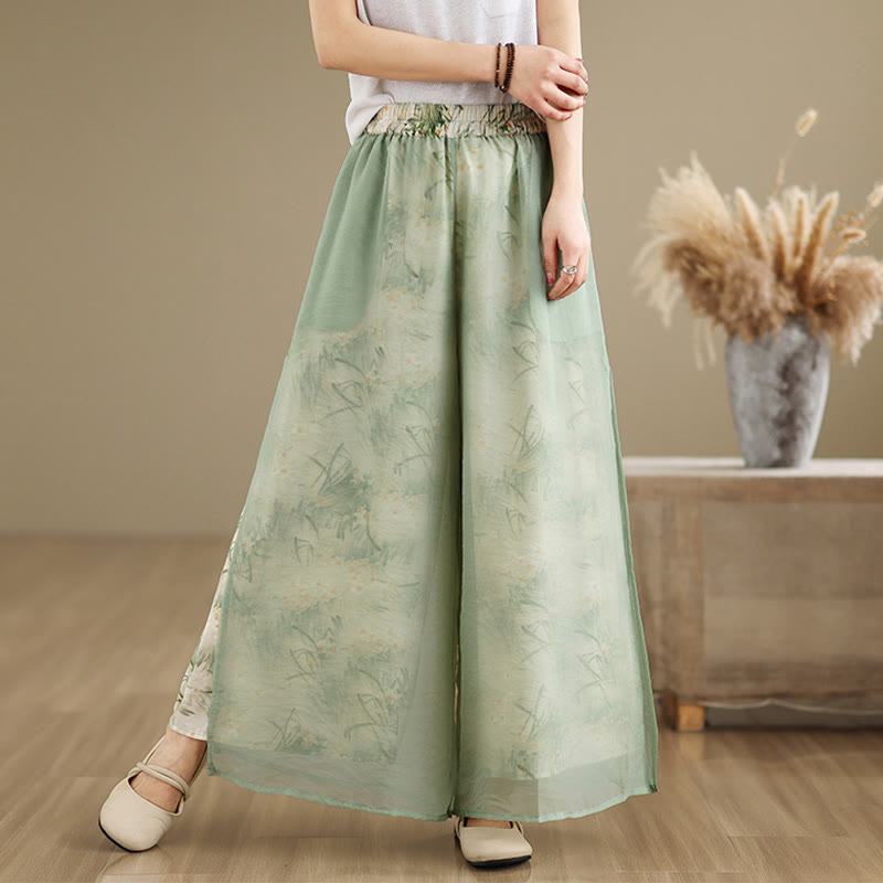 Pantaloni da donna in cotone a gamba larga con tasche, stampa vintage primaverile con motivo a piante, design a doppio strato, Buddha Stones - image 1