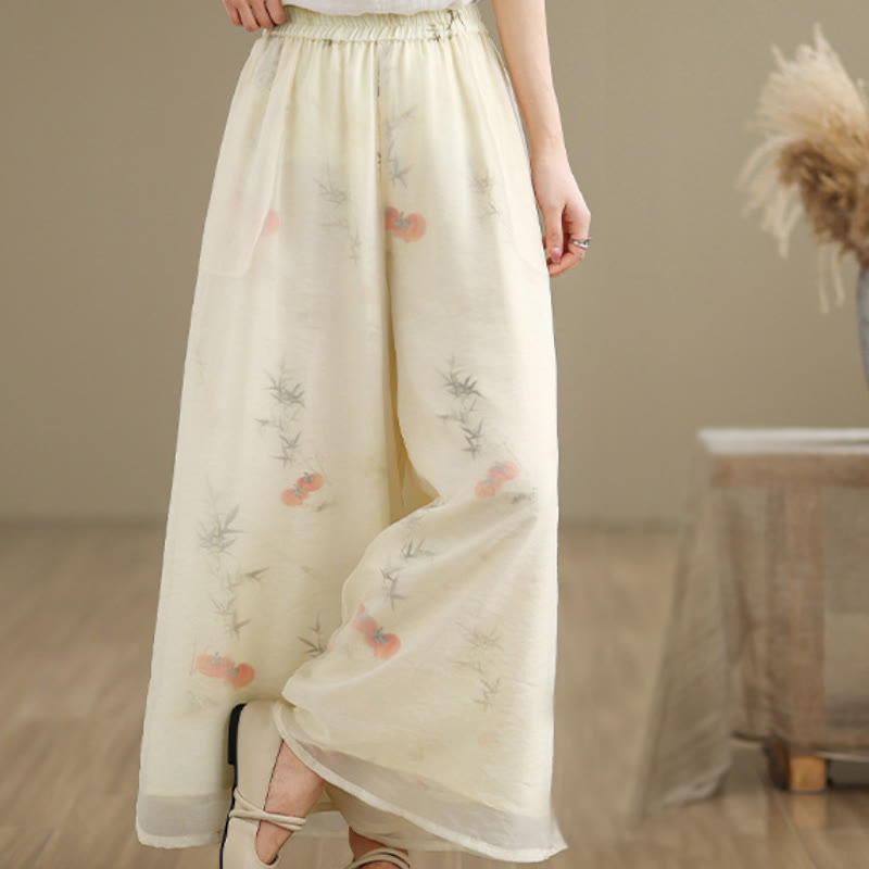 Pantaloni da donna in cotone a gamba larga con tasche, stampa vintage primaverile con motivo a piante, design a doppio strato, Buddha Stones - image 24