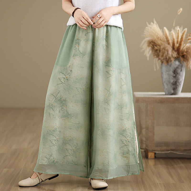 Pantaloni da donna in cotone a gamba larga con tasche, stampa vintage primaverile con motivo a piante, design a doppio strato, Buddha Stones - image 4