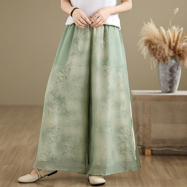 Pantaloni da donna in cotone a gamba larga con tasche, stampa vintage primaverile con motivo a piante, design a doppio strato, Buddha Stones - image 4