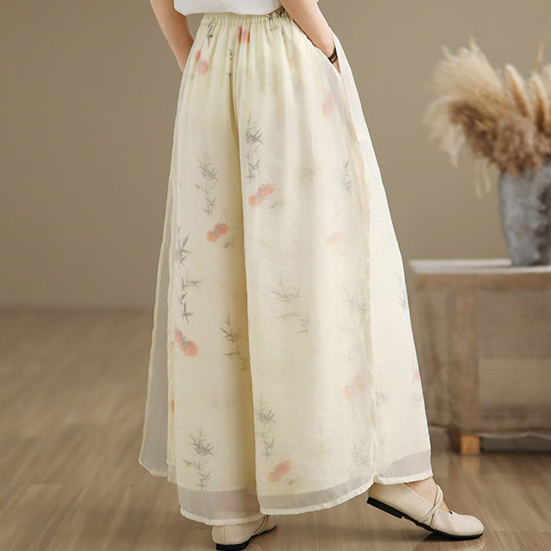 Pantaloni da donna in cotone a gamba larga con tasche, stampa vintage primaverile con motivo a piante, design a doppio strato, Buddha Stones - image 22