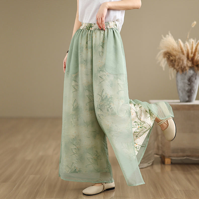 Pantaloni da donna in cotone a gamba larga con tasche, stampa vintage primaverile con motivo a piante, design a doppio strato, Buddha Stones - image 6