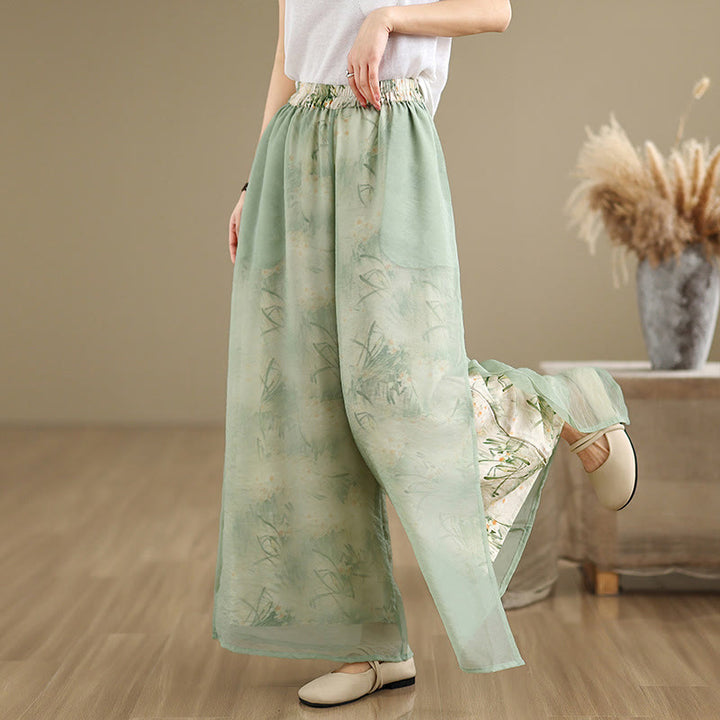 Pantaloni da donna in cotone a gamba larga con tasche, stampa vintage primaverile con motivo a piante, design a doppio strato, Buddha Stones - image 6