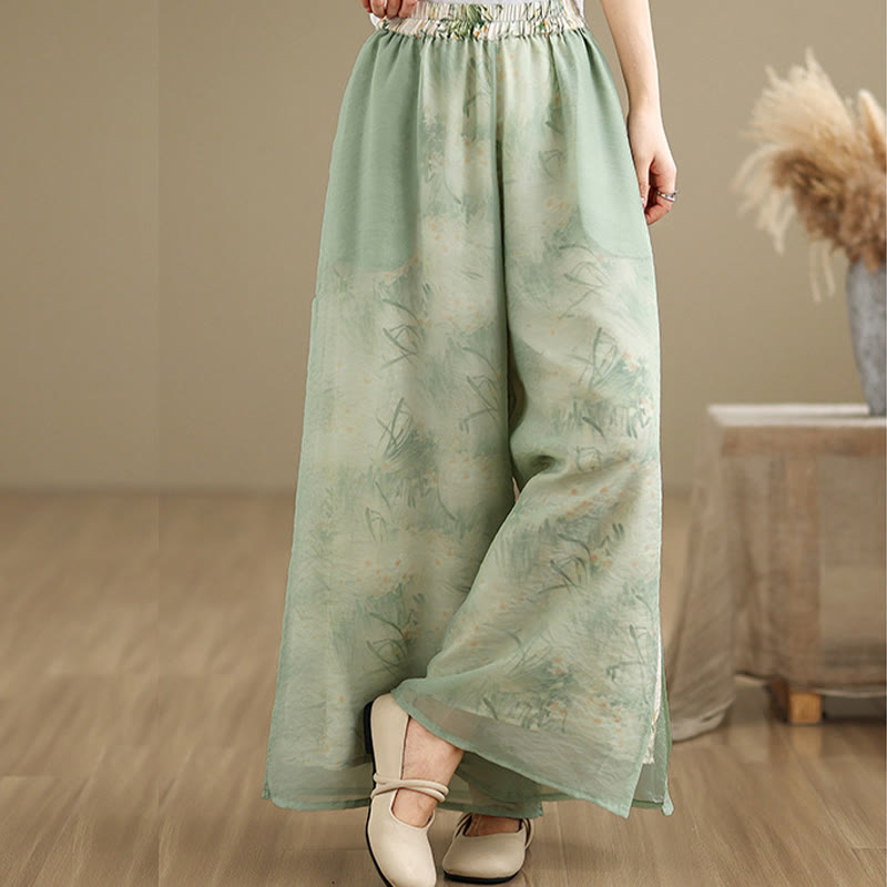 Pantaloni da donna in cotone a gamba larga con tasche, stampa vintage primaverile con motivo a piante, design a doppio strato, Buddha Stones - image 3