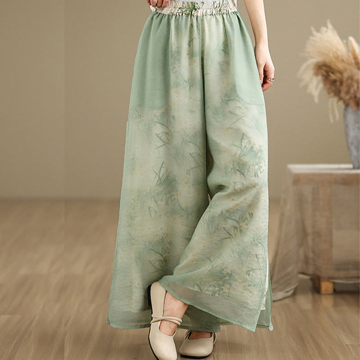 Pantaloni da donna in cotone a gamba larga con tasche, stampa vintage primaverile con motivo a piante, design a doppio strato, Buddha Stones - image 3