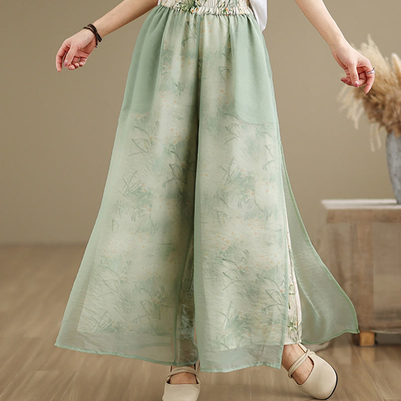 Pantaloni da donna in cotone a gamba larga con tasche, stampa vintage primaverile con motivo a piante, design a doppio strato, Buddha Stones - Verdemare medio - US8-10, UK/AU12-14, EU40-42 (2XL) - image 0