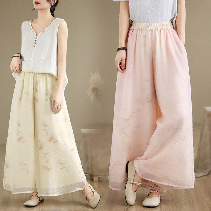 Pantaloni da donna in cotone a gamba larga con tasche, stampa vintage primaverile con motivo a piante, design a doppio strato, Buddha Stones - image 27