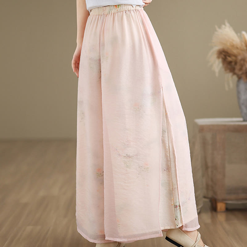 Pantaloni da donna in cotone a gamba larga con tasche, stampa vintage primaverile con motivo a piante, design a doppio strato, Buddha Stones - image 14