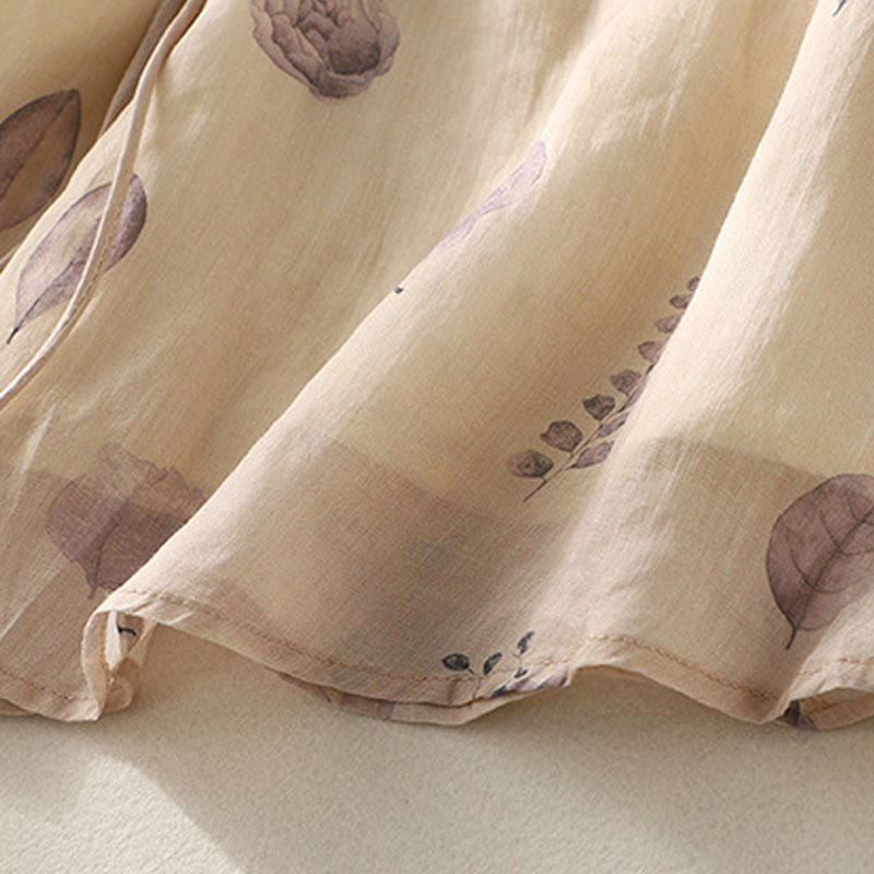 Camicia da donna in cotone e lino con maniche a tre quarti e ricamo di Buddha Stones e foglie - image 9